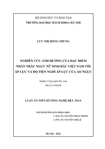 Luận án Nghiên cứu ảnh hưởng của đặc điểm nhân trắc ngực nữ sinh Bắc Việt Nam tới áp lực và độ tiện nghi áp lực của áo ngực