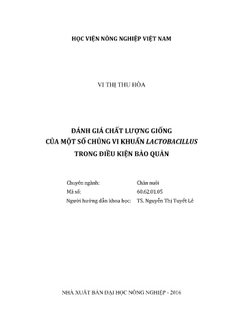Luận văn Đánh giá chất lượng giống của một số chủng vi khuẩn Lactobacillus trong điều kiện bảo quản