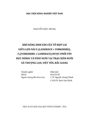 Luận văn Khả năng sinh sản của tổ hợp lai giữa lợn nái F1(Landrace × Yorkshire), F1(Yorkshire × Landrace) được phối với đực Duroc và PiDu nuôi tại Trại chăn nuôi xã Thượng Lan, Việt Yên, Bắc Giang
