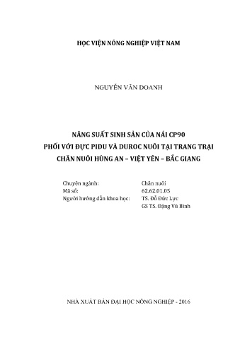 Luận văn Năng suất sinh sản của tổ hợp lai giữa lợn nái CP90 phối với đực PiDu và Duroc nuôi tại trang trại chăn nuôi Hùng An – Việt Yên – Bắc Giang
