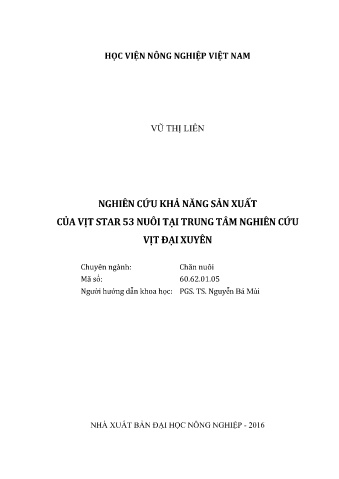 Luận văn Nghiên cứu khả năng sản xuất của vịt star 53 nuôi tại trung tâm nghiên cứu vịt Đại Xuyên